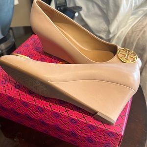 Tory Burch peachy/beige like new good buckle wedges.